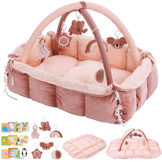 5-in-1 Baby Play Gym and Tummy Time Mat, 12 Learning Cards, Plush Activity Mat with 6 Toys, Baby Gym, Convertible to Ball Pit, Baby Gift, Pink