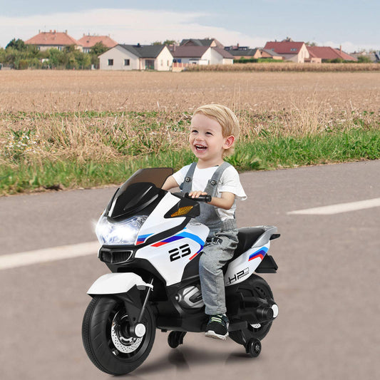 Costzon Kids Ride On Motorcycle, 12V Electric Battery Powered Ride On Bike w/Training Wheels, LED Lights, Music, Pedal, Forward/Reverse, Gift for Children Boys Girls (White)