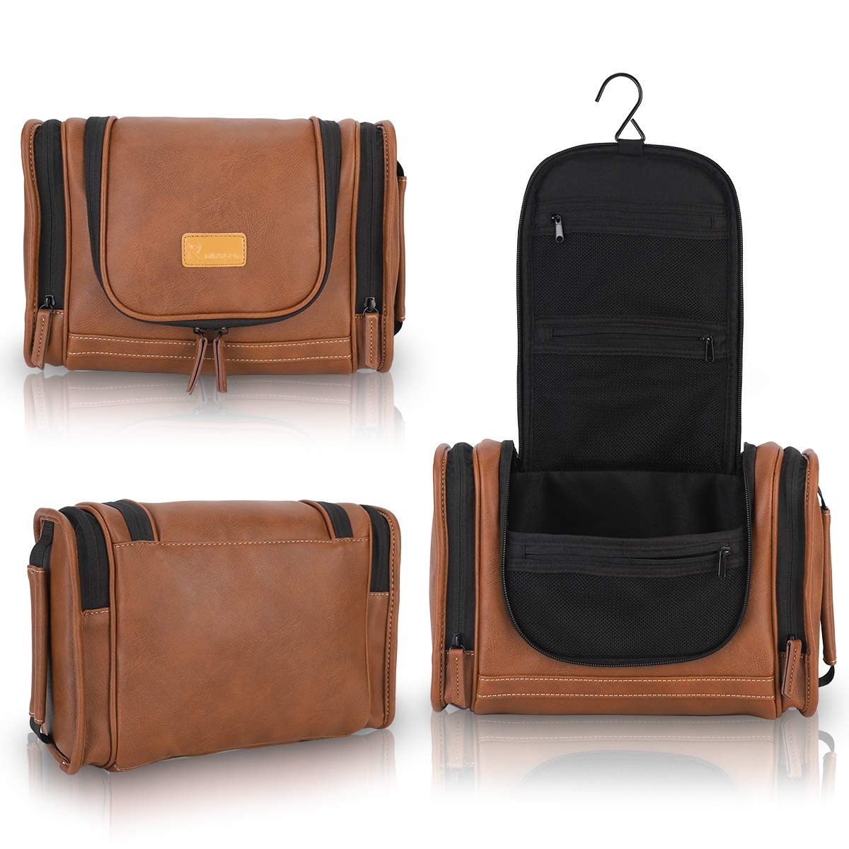 MIRASON Travel Toiletry Bag, Hanging Toiletry Bag for Men, Leather Travel Shower Bag for Toiletries Dopp Kit Bathroom Bag with Metal Hook, Gift for Men (Brown)