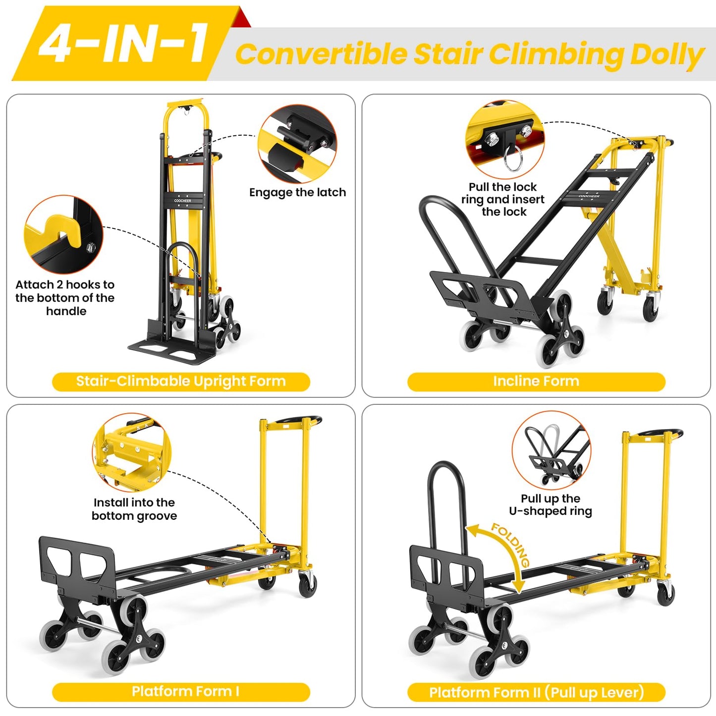 Professional Heavy Duty 1000LBS Aluminum Stair Climbing Dolly, 3 in 1 Convertible Hand Truck, Folding Hand Truck Dolly Cart with Solid Wheels for Moving/Travel/Office (Yellow)