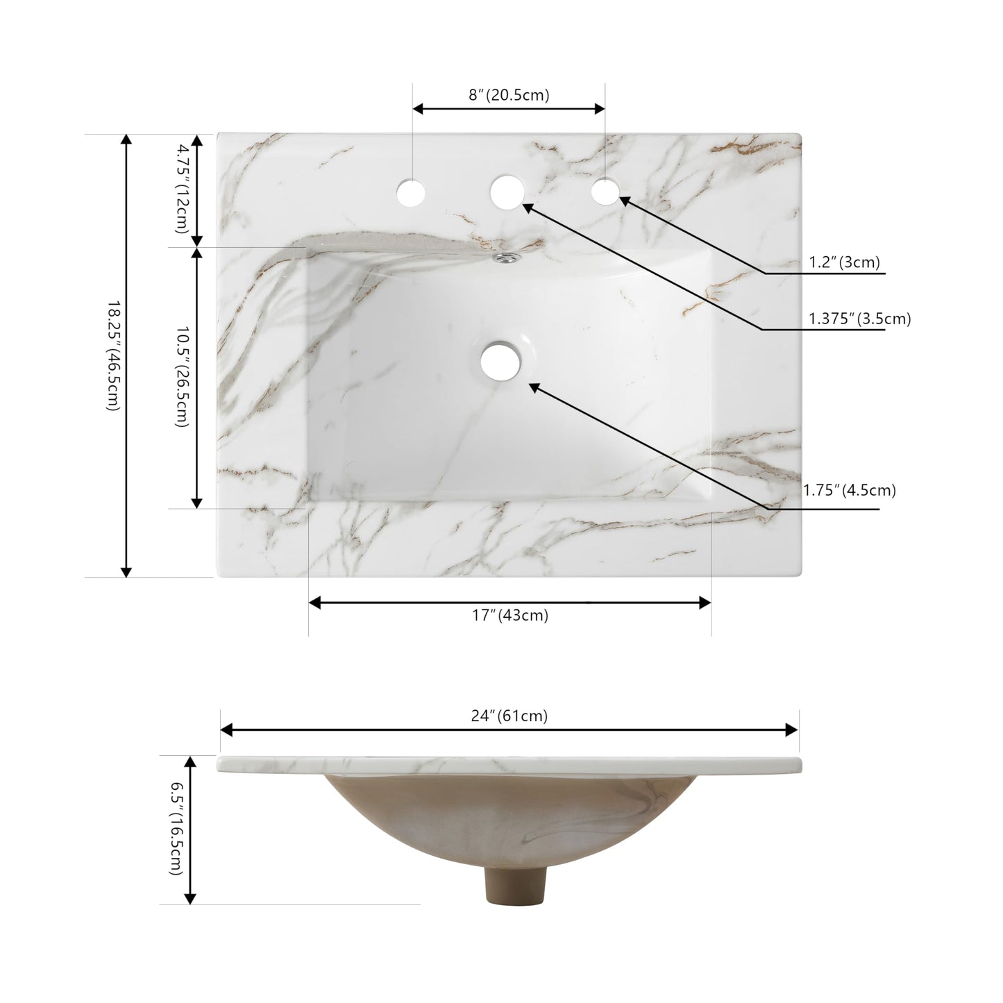 JONATHAN Y SNK1001C Ancillary 3-Hole 24 in. W x 18.25 in. D Classic Contemporary Rectangular Ceramic Single Sink Basin Vanity Top, White Marble Effect