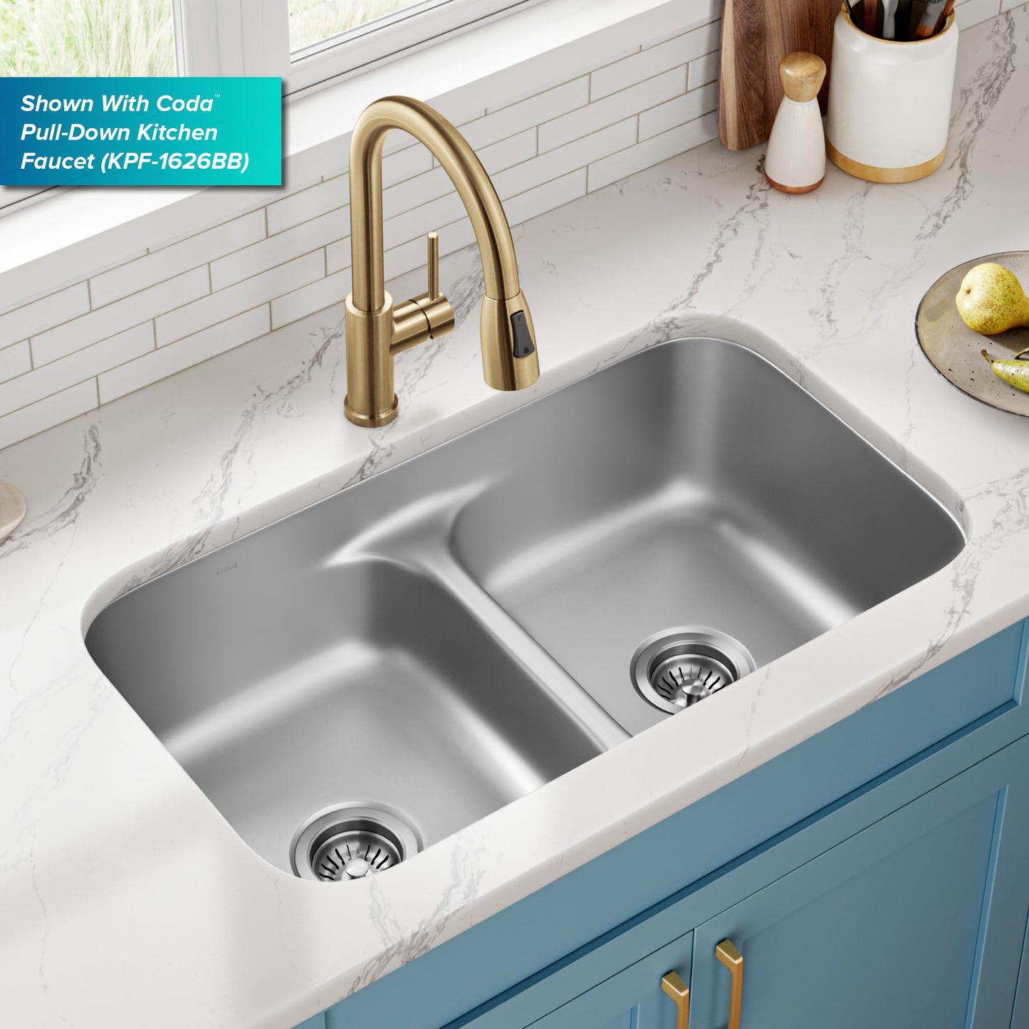 KRAUS Premier 32-inch Undermount 50/50 Double Bowl Low Divider 18-Gauge Stainless Steel Kitchen Sink with Strainers (x2), KBU32