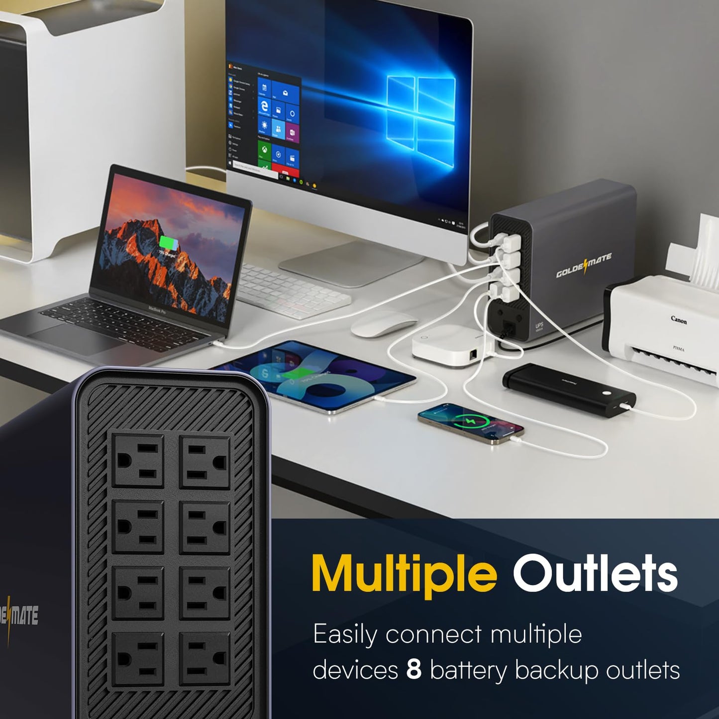 GOLDENMATE 1000VA/800W Lithium UPS Battery Backup and Surge Protector, Sinewave UPS System with LiFePO4 Battery(230Wh),Upgraded Pro Ver. with Communication Port, 8 Outlets, for NAS & Home Office, Gray