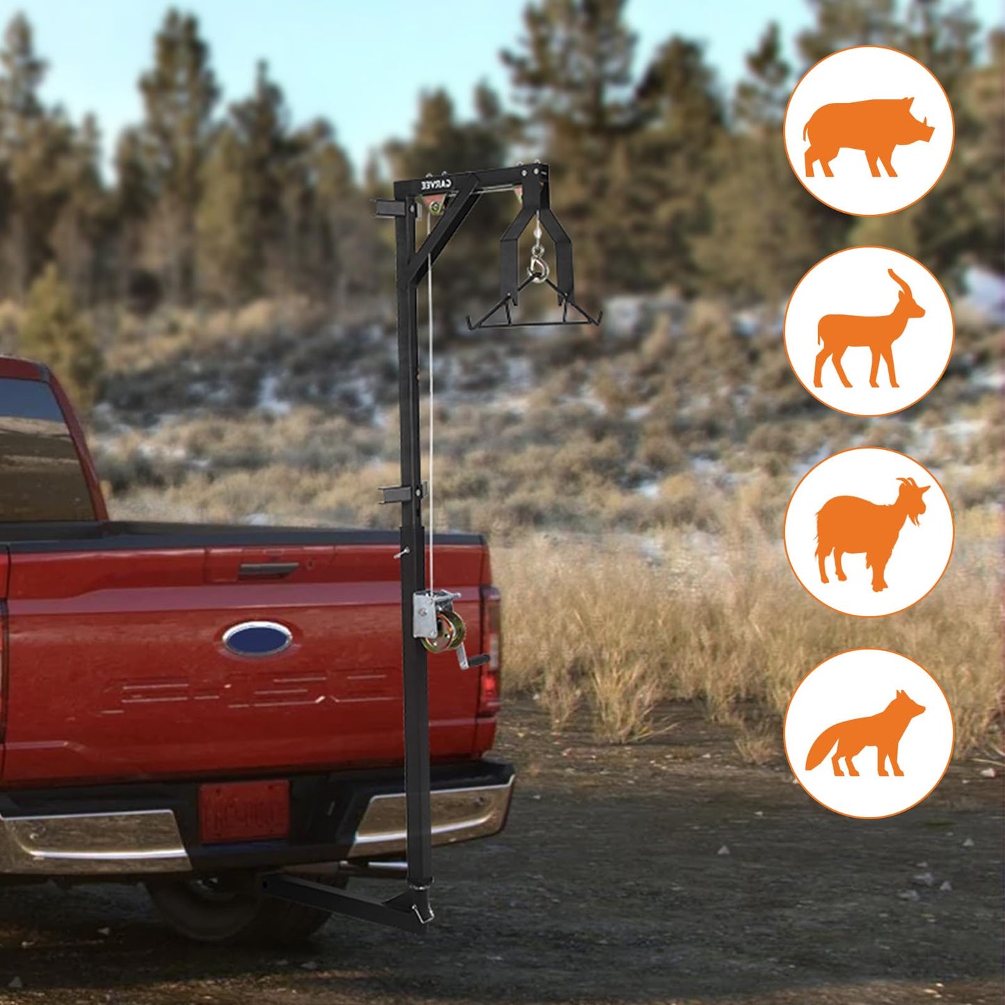 GarveeTech 500LBS Heavy-Duty Deer Hoist Kit with Winch & Gambrel, Hitch Game Hoist with Lifting Platform – 360° Swivel & Adjustable Height for, Skinning & Game Processing