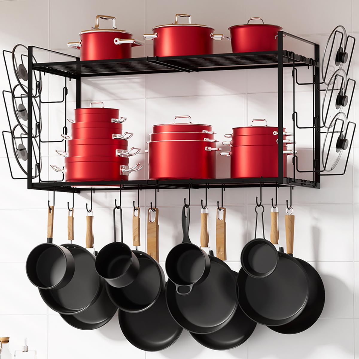 Homics 31 Inch Pot Rack Wall Mounted, 2-Tier Hanging Pots and Pans Organizer Expandable Heavy Duty Kitchen Shelves with 6 Pot Lid Holders and 12 Hooks for Kitchen Cookware Utensils Storage