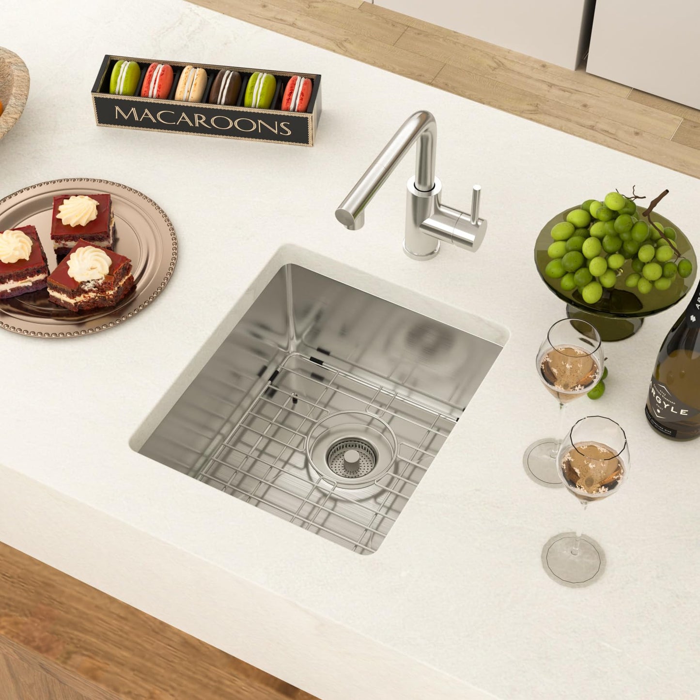 GHOMEG 15 Undermount Kitchen Sink 15"x17"x8" Single Bowl 16 Gauge Stainless Steel Under Counter Single Bowl Kitchen Sinks Basin with Drain Strainer