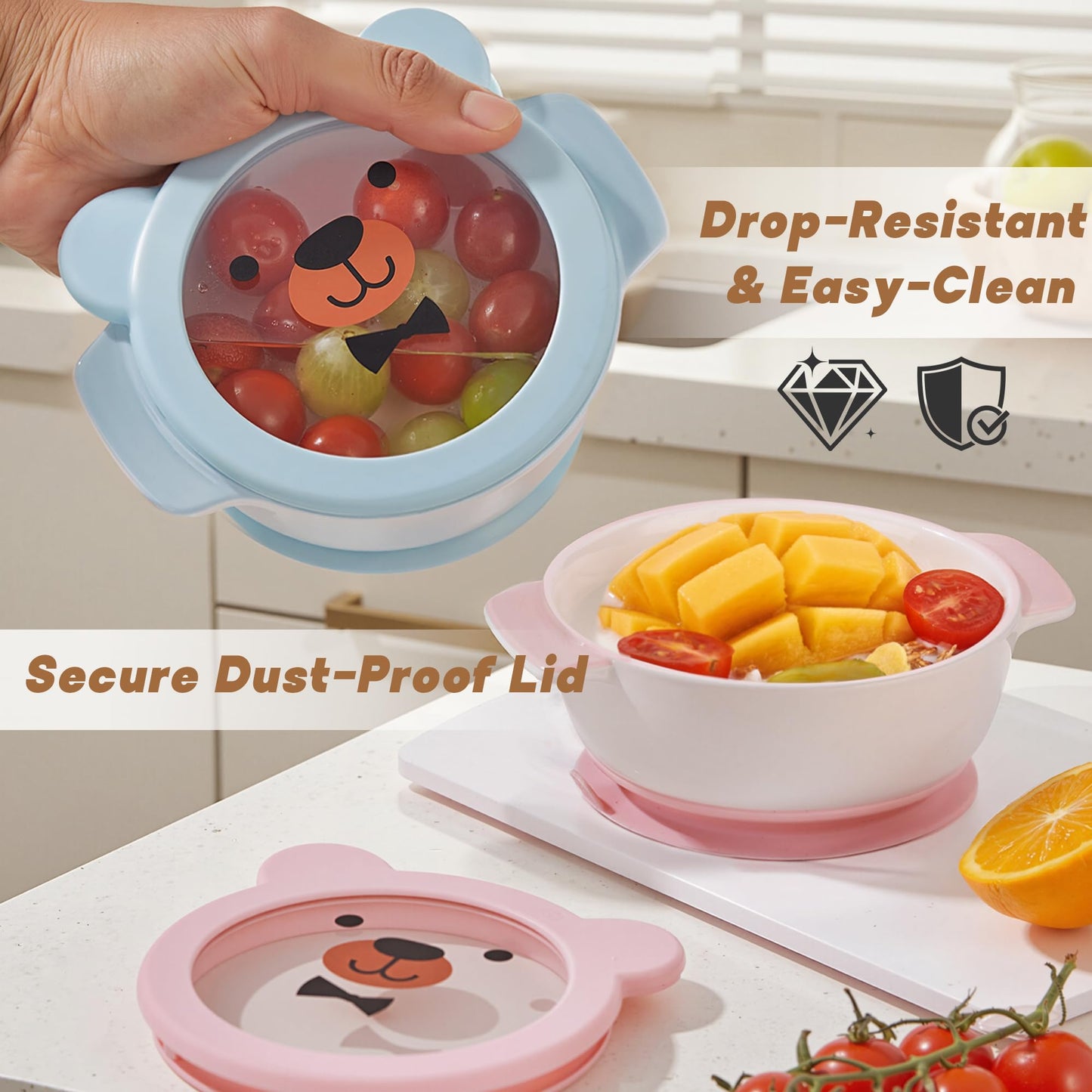 Mrs. Chou Ceramic Suction Bowl for Babies and Toddlers, Non-Slip Silicone Suction Cup, BPA-Free Lids, Independent feeding, First Stage Self Feeding Essential, Baby-Led Weaning Snack Feeder