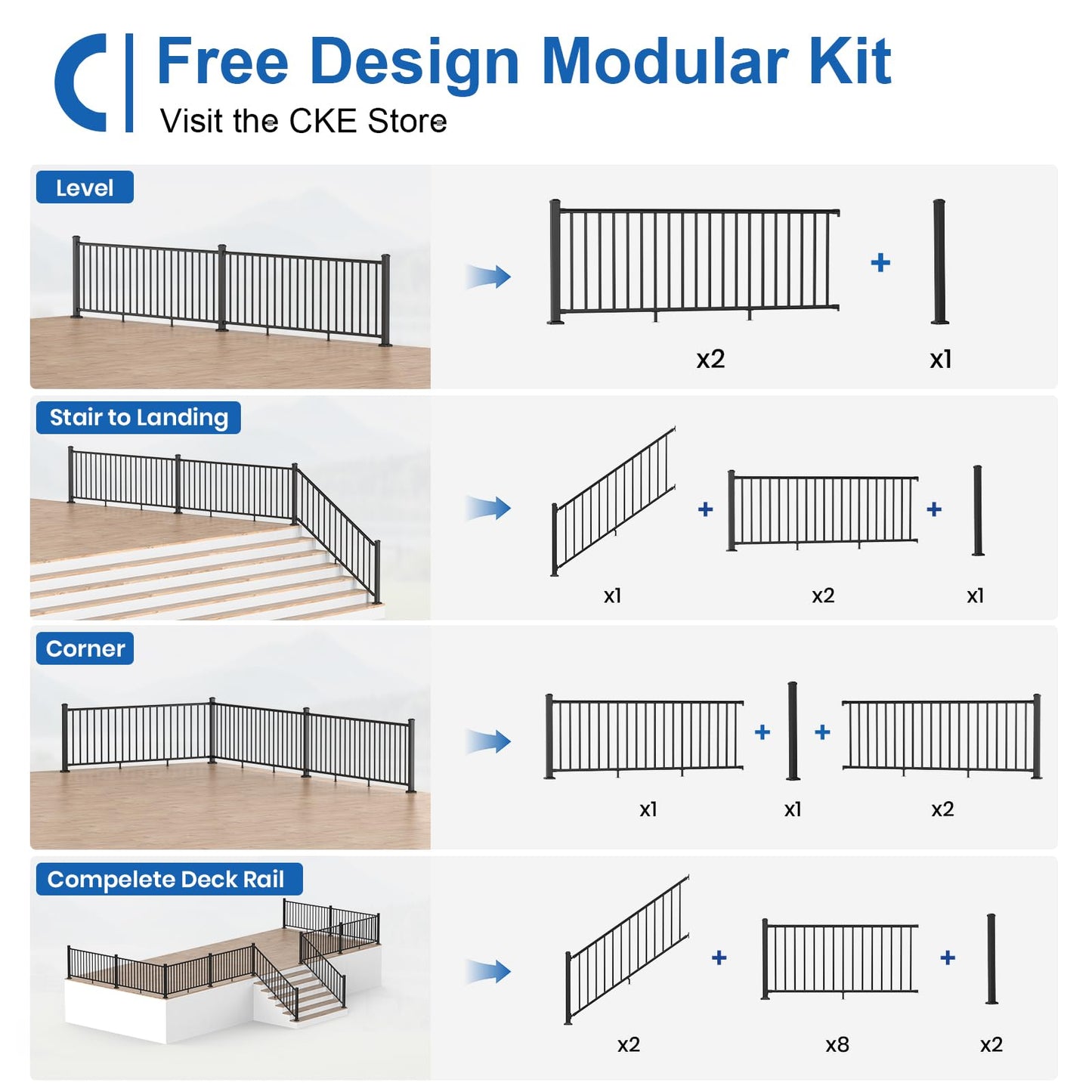 CKE 36 in. H x 6 ft. W Porch and Deck Railing Kit with Post, Aluminum Stair Railing Kit Outdoor, AAMA 2604 Textured Matte Black Stair Railing System for Decks, Porches & Balconies(2 Post, 2 Panel)
