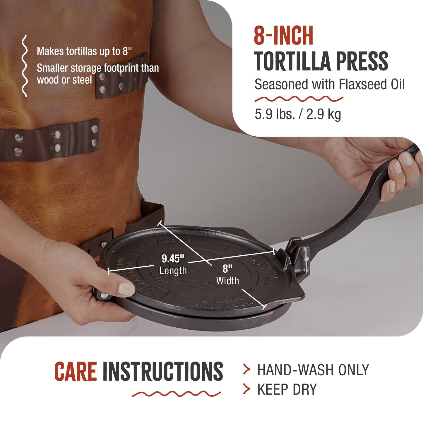 Victoria 8-Inch Cast Iron Tortilla Press HD Spherrous, Commercial-Grade Cast Iron Tortilla Maker, Roti Press, Pataconera Seasoned with Flaxseed Oil, Made in Colombia, Black