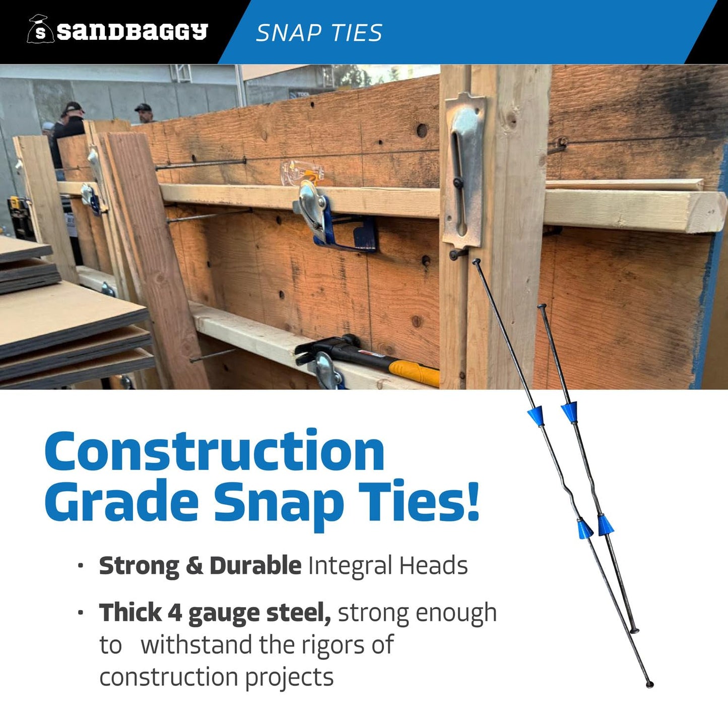 8" Standard Snap Ties for Concrete Forms - 1" Plastic Cones, Integral Heads - 2:1 Safety Factor, 2,250 lbs Working Load - 4 Gauge Steel (Short End - 4.75", 200) - 1 Year Warranty
