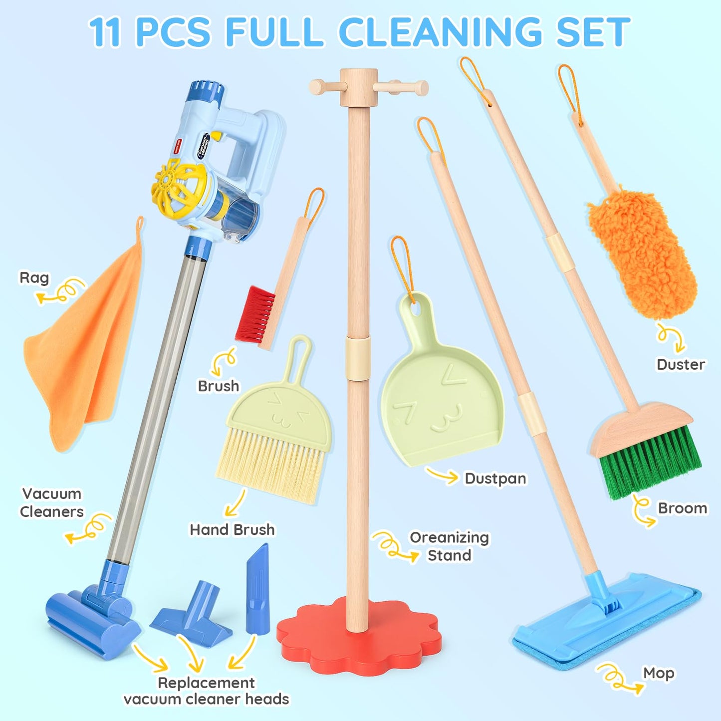 Dreamon Wooden Toddler Cleaning Set - 11Pcs Kids Cleaning Toy Set with 3-in-1 Kids Vacuum That Really Works, Montessori Cleaning Toys with Broom and Mop Set for Toddlers Girls Boys Age 3-6