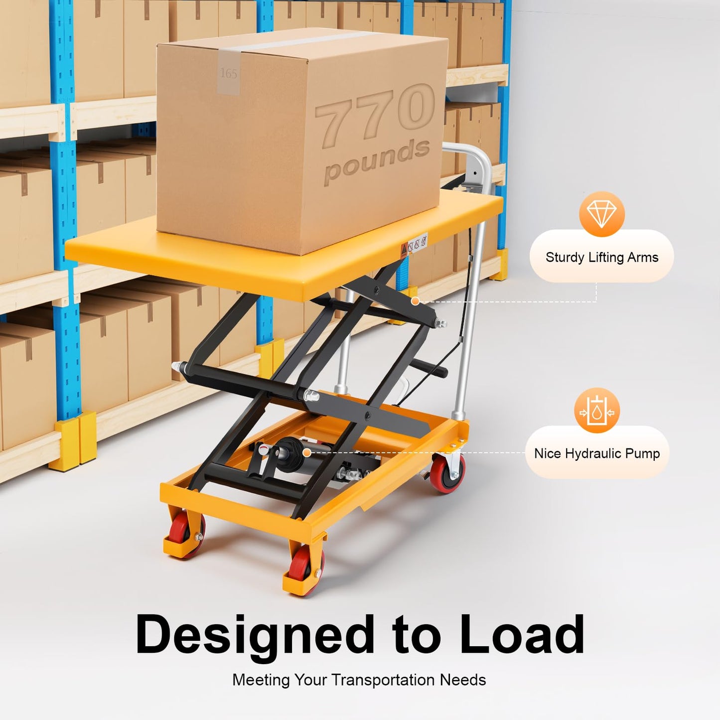 RYIRSHOH Hydraulic Lift Table Cart, 770lbs Capacity 49.6" Lifting Height, Double Scissor Lift Table Manual with 4 Locking Wheels for Material Handling & Transportation, Q235 Steel, Yellow