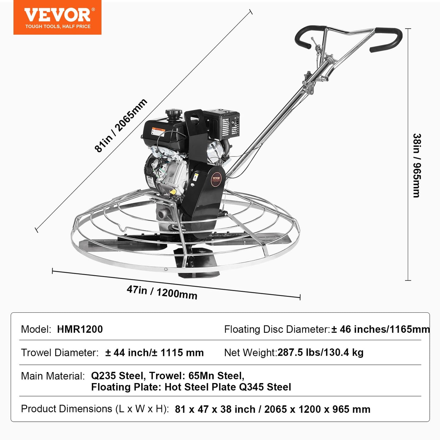VEVOR Power Trowel 46 inch, 14HP Gas-Powered Smooth Concrete with Float Pan, Heavy Duty Commercial Screed Concrete Cement with Finishing Blade