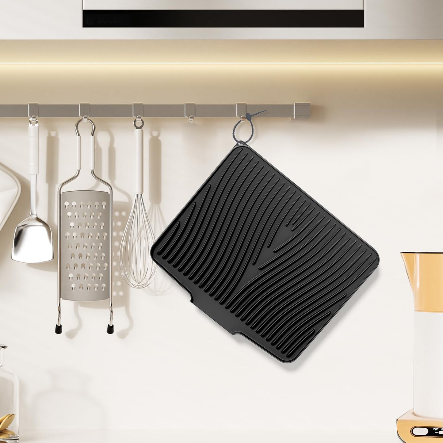 Silicone Dish Drying Mat for Kitchen Counter,Dish Drying Pad,Non-Slip Drain Pad with Built-in Drain,Heat Resistant Stone Drying Mat,15.8"x 13",Black