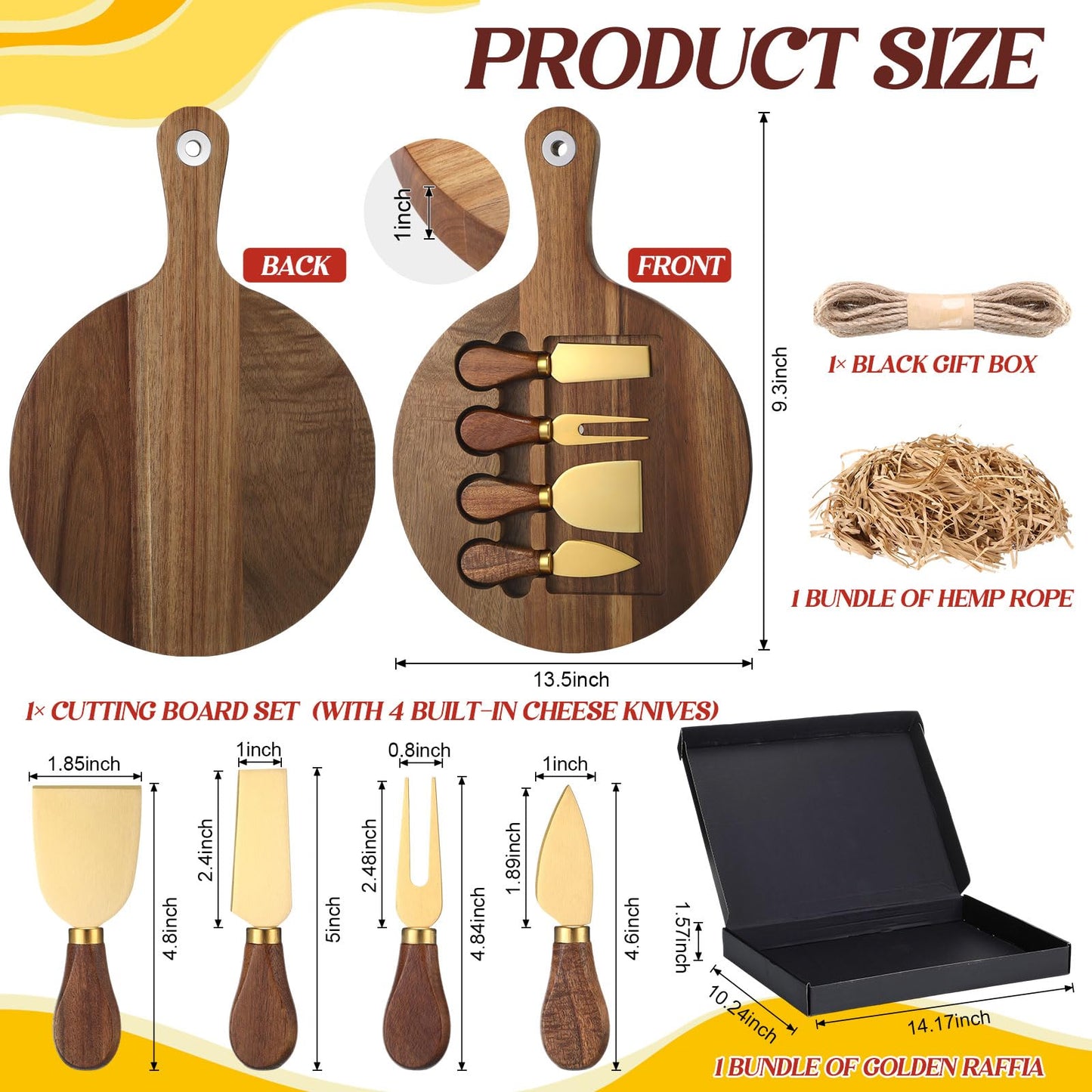 Didaey Acacia Cheese Board and Knife Set Including Stainless Steel Cheese Tools with Slicer and Cutters for Platter Cutting Serving Plate Tray Housewarming Wedding Gift