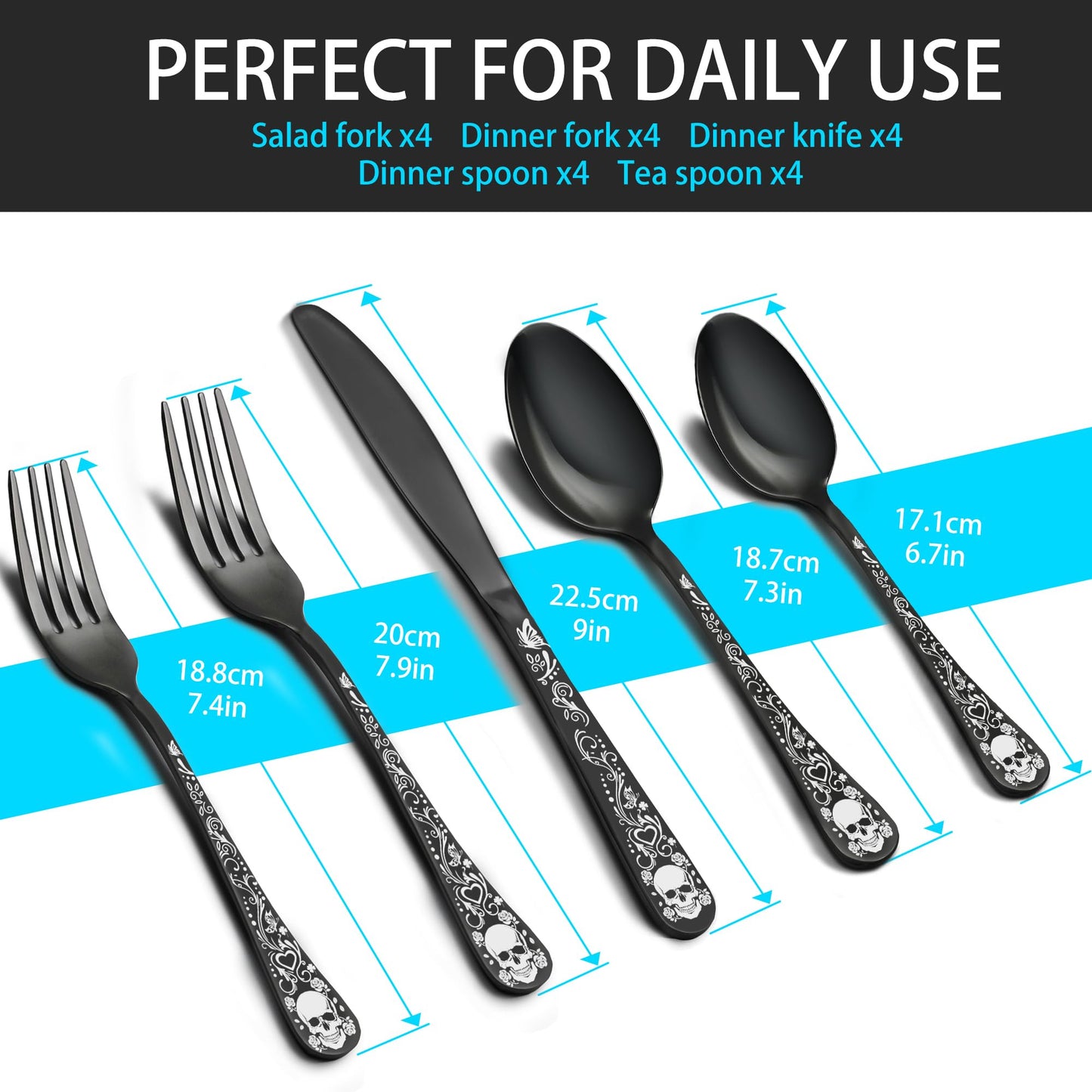 MUJINON Skull Black Silverware Set for 4, 20-Piece Black Flatware Set, Gothic Skeleton Cutlery for Decoration, Halloween, Christmas, Party, Gift, Housewarming