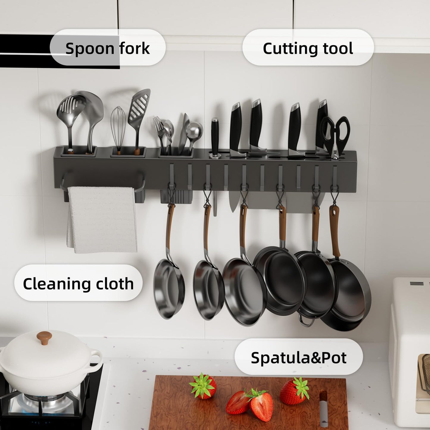 NAT MEYA Stainless Steel Pot and Pan Hanger,Wall Mounted Pot Rack Kitchen Hanging Rail With S Hooks,Detachable Pans Hanging Rail Kitchen Utensils Hanger,23.7 Inch Wall Mounted Hanging Pot Rack
