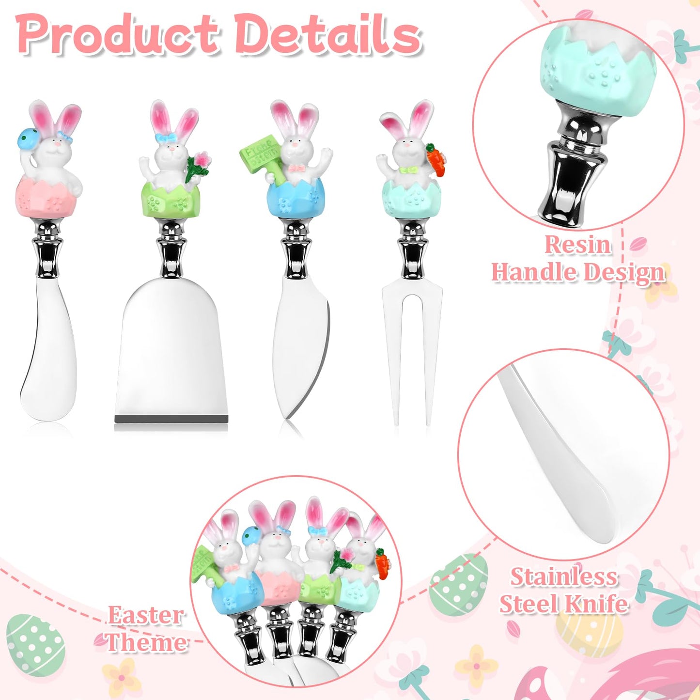 MOUNTCLIM 4 Pcs Easter Cheese Knives Set, Resin Handle with Stainless Steel Blade Spreader for Cheese Cream Jam Butter Charcuterie Board Tools