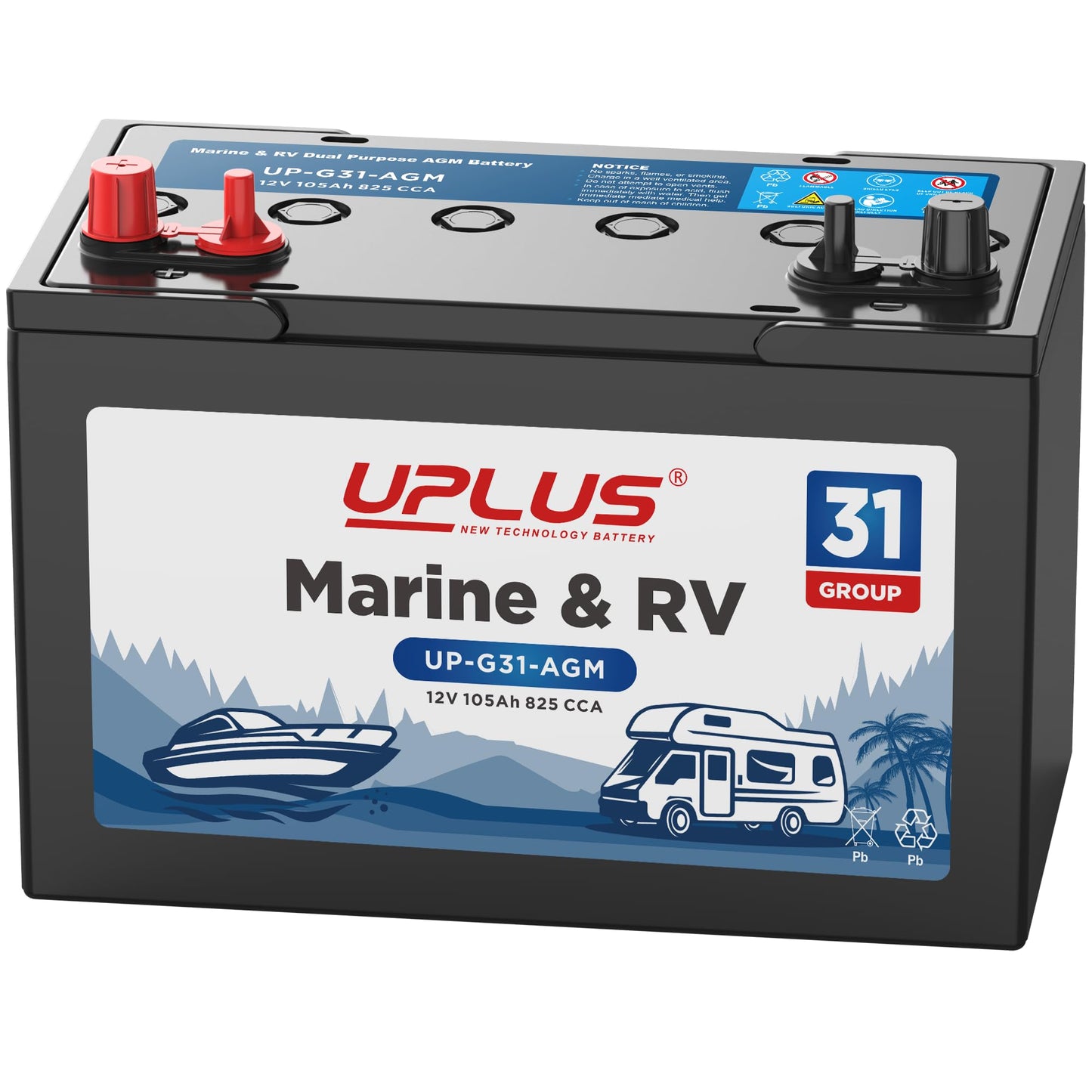 UPLUS BCI Group 31M Dual Purpose Marine Battery, 12V 105Ah 825CCA AGM Starting and Deep Cycle RV & Boat's Batteries for Navigation Devices, Lights and Engines etc.