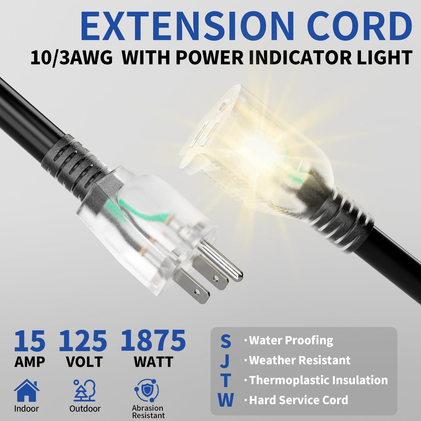 Cismorvex 150ft Outdoor/Indoor Extension Cord with Lighted 10/3 Gauge Ultra 3 Prong Heavy Duty SJTW, Waterproof, Flexible Cold-Resistant,15A 125V 1875W, Black