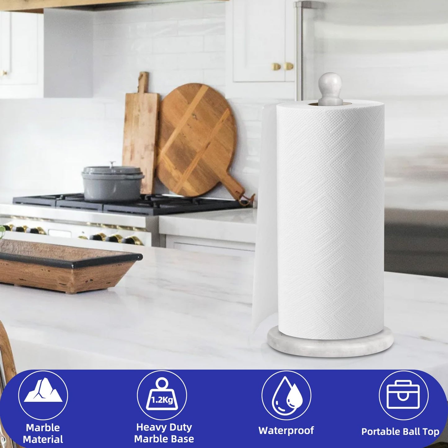 Natural Marble Paper Towel Holder for Kitchen Countertop - 2.6 lbs (1.2kg) Heavy Duty Weighted Base for One-Handed Tearing - Fits Jumbo Rolls - Elegant Modern Design with Ball Top - White & Grey