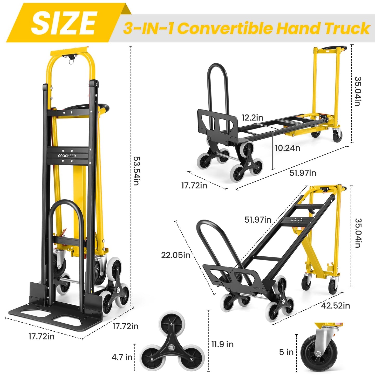 4-in-1 Hand Truck Dolly Heavy Duty Industrial Convertible, 1000 LBS Stair Climbing Cart Utility Cart Converts from Hand Trucks Dolly to Platform Cart Folding Stair Climbing Cart (Yellow)