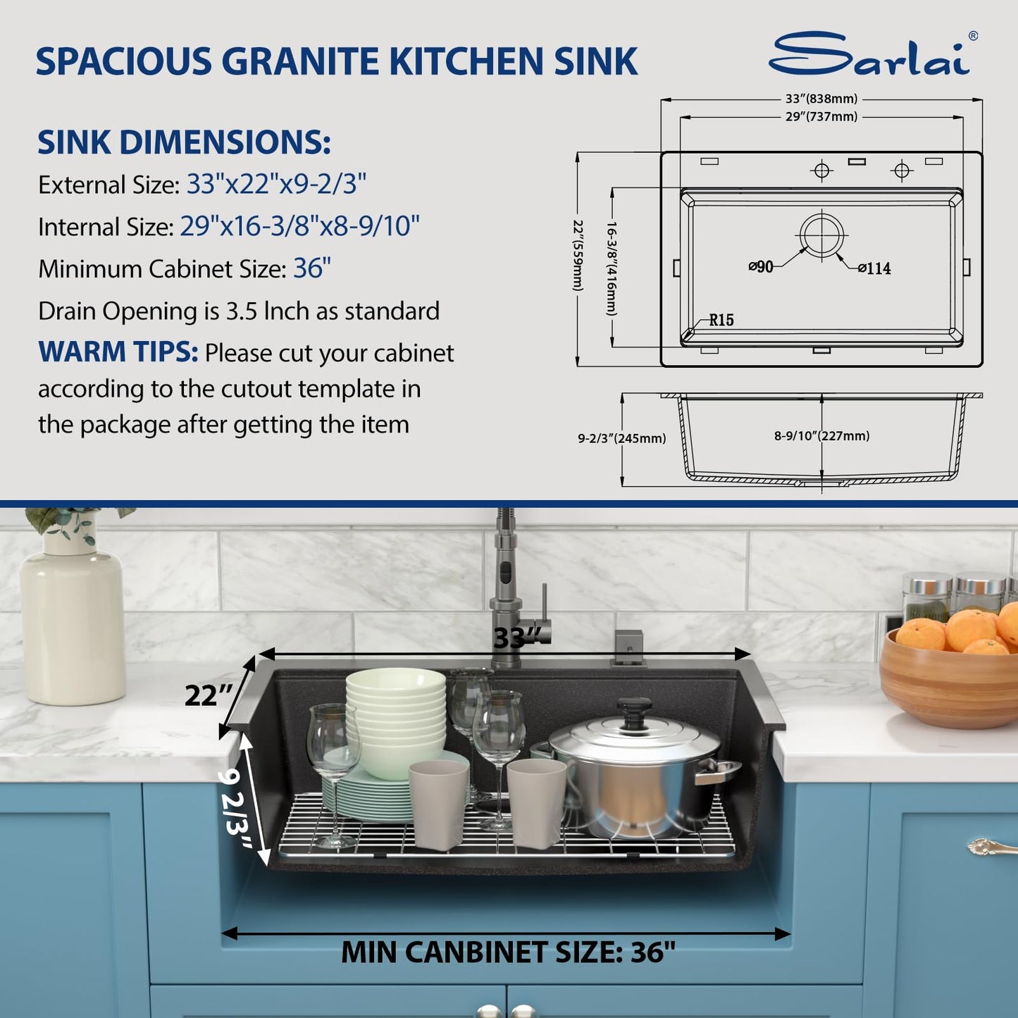 Sarlai Granite Composite Kitchen Sink - 33"x22" Drop In Kitchen Sink Matte Black Ledge 33 Inch Workstation Granite Quartz Composite Top-Mount Single Bowl Sinks Basin with Accessories