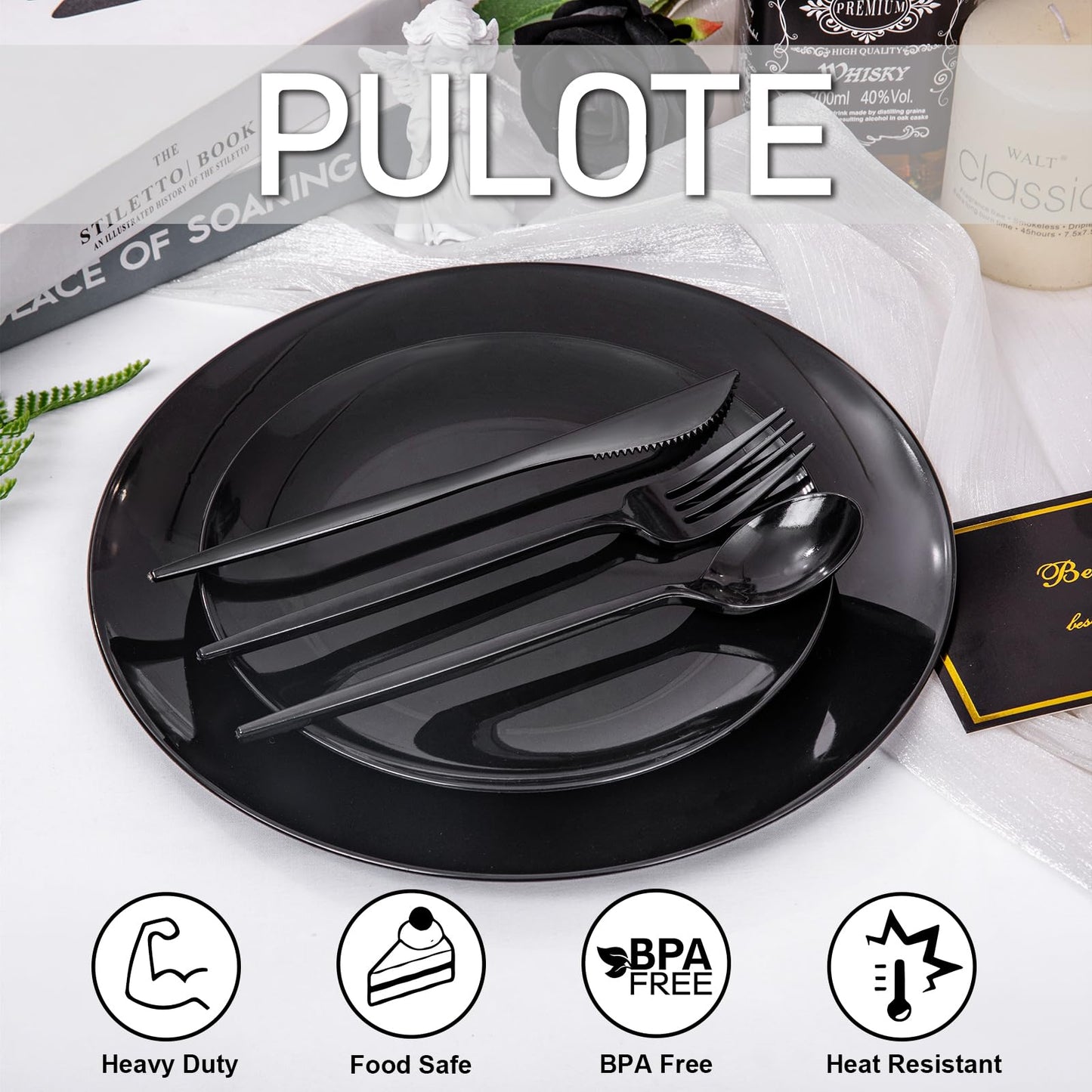 PULOTE 150PCS Black Plastic Silverware Set Disposable - Heavy Duty Black Plastic Cutlery - Black Plastic Utensils Set Include 50 Forks,50 Spoons,50 Knives for Party&Graduation