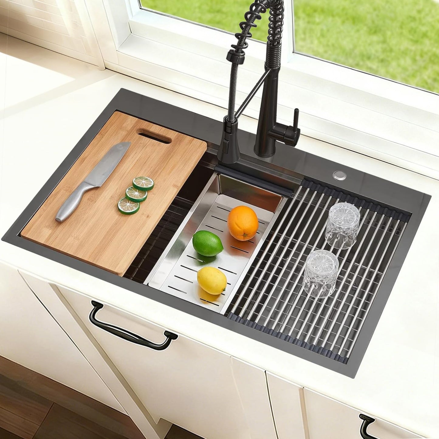 SHACO 33x22 Black Drop In Kitchen Sink, 33 Inch Topmount Gunmetal Black Stainless Steel Single Bowl Overmount Double Ledges Workstation Sink with Accessories