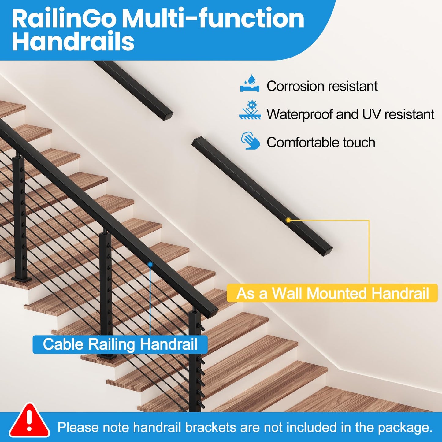 RailinGo 2Pack 6'6'' Rectangular Cable Railing Handrails, Black Stainless Steel Handrail with Nylon End Caps for Stair Cable Railing System, 6.5FT Cuttable Deck Cable Rail Post Handrail, RG01-H
