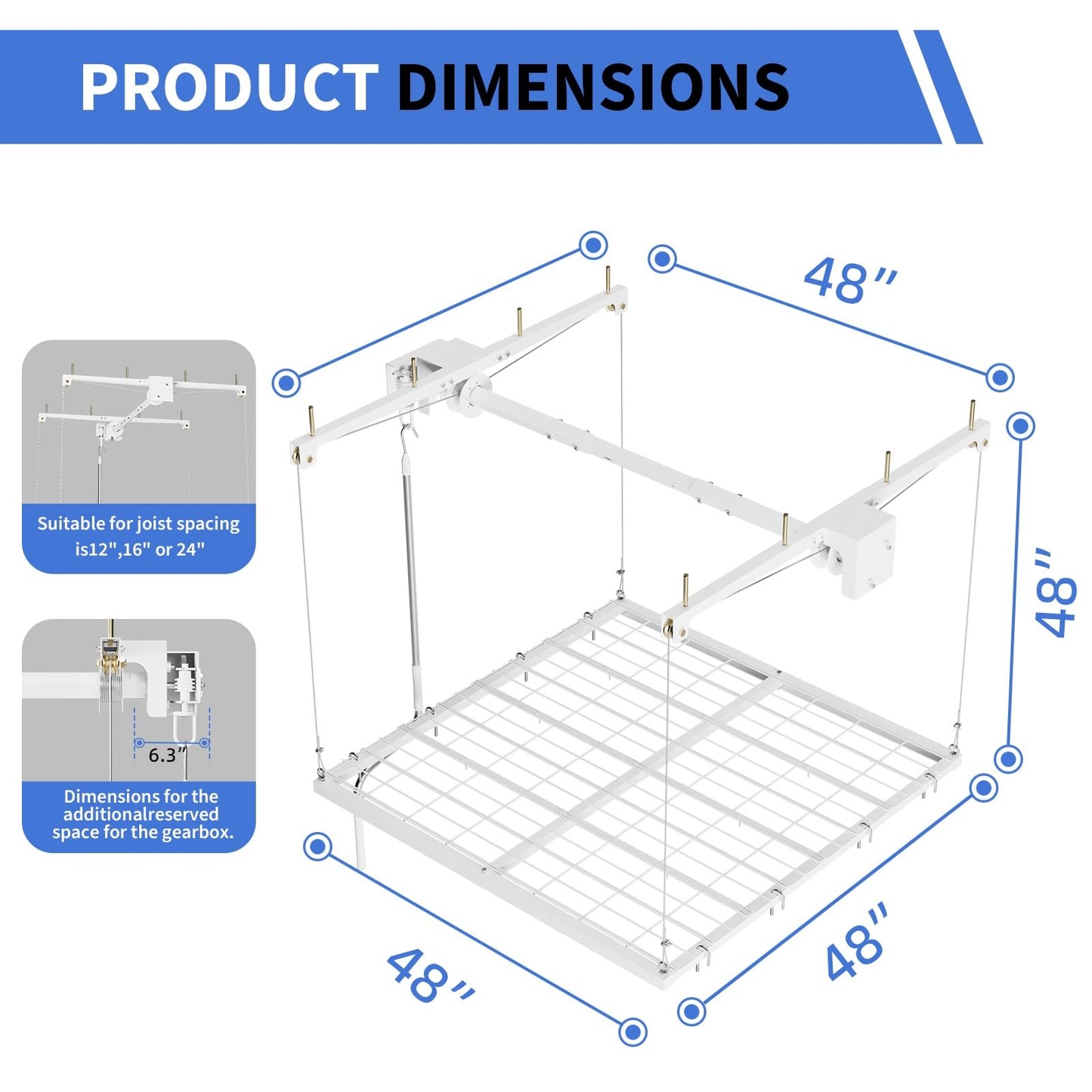 OUTLANE Heavy Duty Overhead Garage Storage Rack Lift, 4x4 ft Ceiling Mount Storage Rack with Hand Crank & Power Drill Compatibility, 350 Lbs Capacity, Adjustable Height Up to 79 in, Double Rope Safety