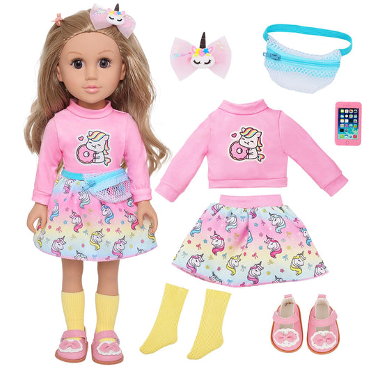 Ecore Fun 18 Inch Girl Doll with Clothes Accessories, Fashion Doll with Styling Brown Hair, Unicorn Hair Clip, Phone, Bag, Outfit & Shoes, Gift Ready for Birthday & Pretend Play