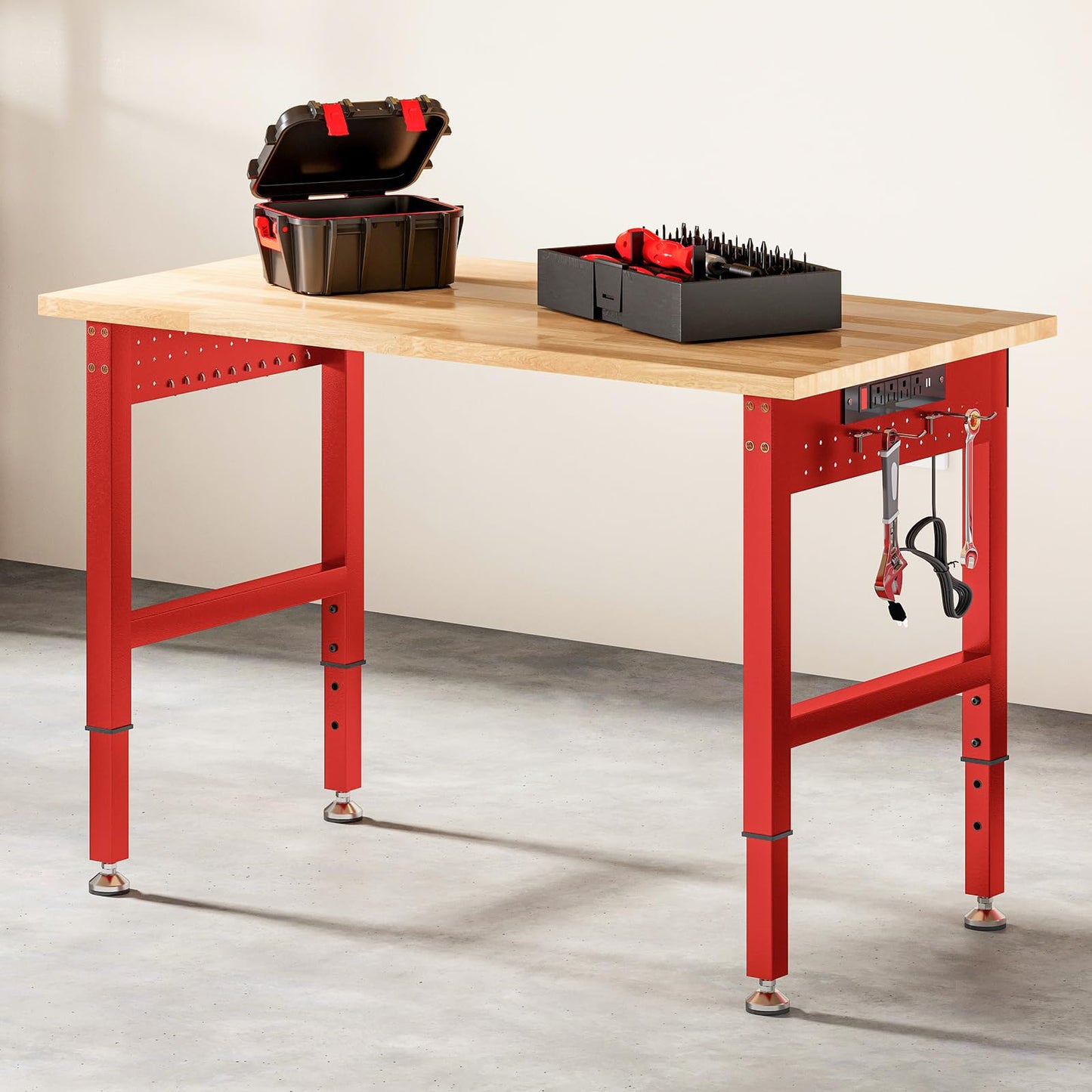 SPECRAFT Red Adjustable Heavy Duty Workbench with 4 AC Outlet and 2 USB Ports Power Outlets, 2000 Lbs Capacity, Rubber Wood Top for Garage, Workshop, Office