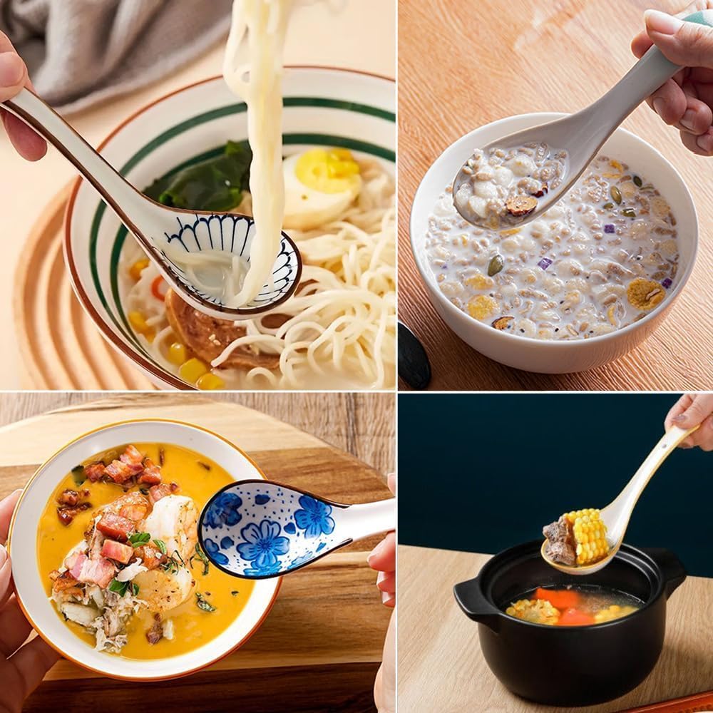 Raelitego 12pcs Asian Soup Spoon, Ceramic Chinese Soup Spoons, Deep Oval Hook Non-slip Japanese Spoons for Rice Ramen Pho Miso Soup Wonton Noodle, Luck and Prosperity Gifts for Friends Parents Family