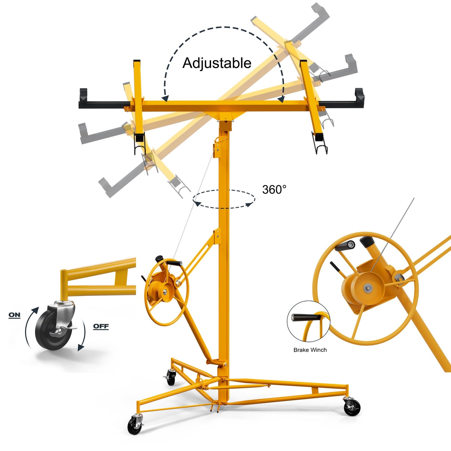 Drywall Lift 16 Ft,Sheetrock Lift Drywall Lifter,150LBS Heavy Duty Rolling Lifter Panel,Hoist Jack with 360° Adjustable Telescopic Arm & 3 Lockable Wheels (16 Ft Yellow)