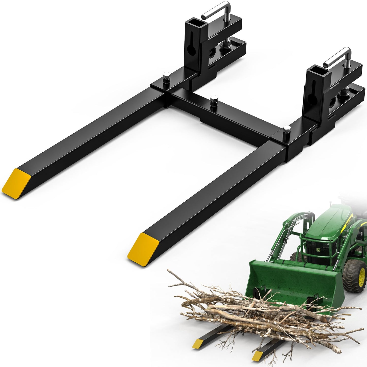 AUTOSAVER88 60" Clamp On Pallet Forks for Tractor Bucket, Heavy Duty 2000lbs Quick Attach Skid Steer Loader Pallet Fork with Adjustable Stabilizer Bar, Black