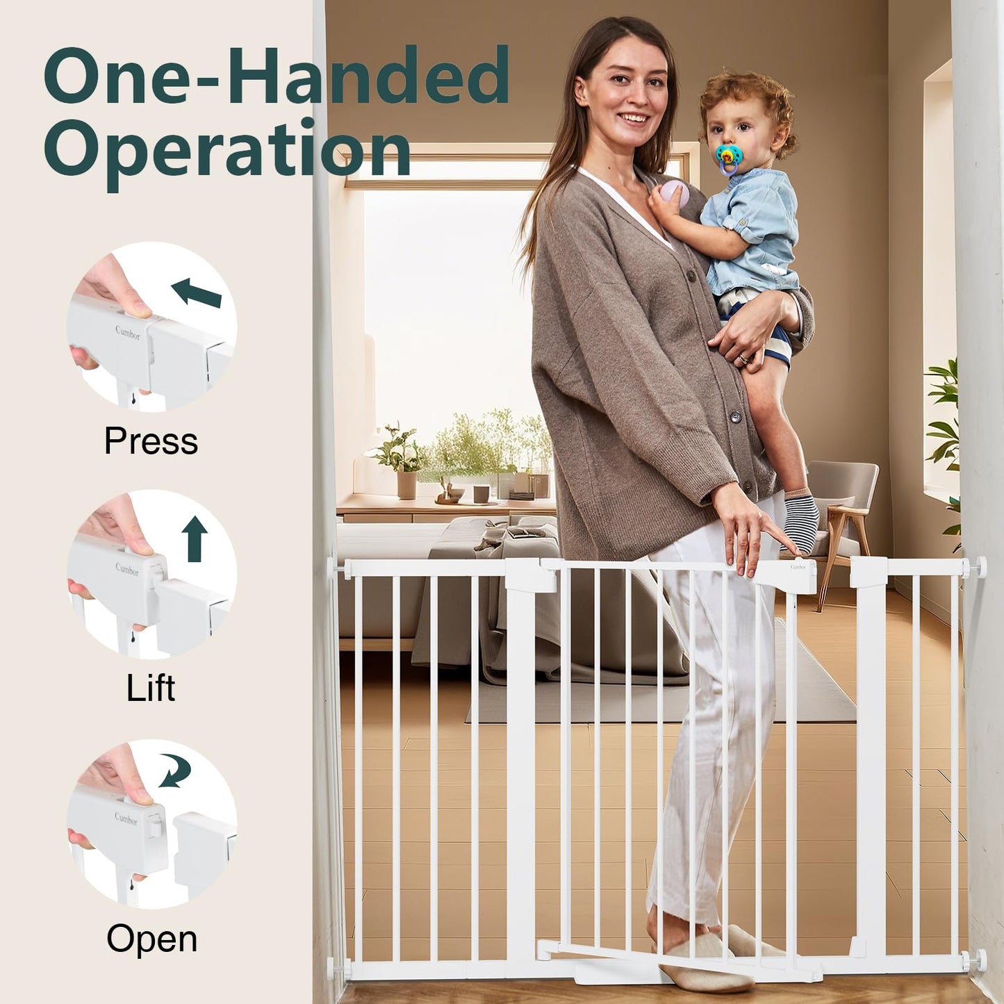 Cumbor 29.7-48" Baby Gate for Stairs, Mom's Choice Awards Winner-Dog Gates for Doorways, Auto Close Safety Pet Gate for Dogs Indoor, Easy Install Pressure Mounted Child Gate with Walk Thru Door, White