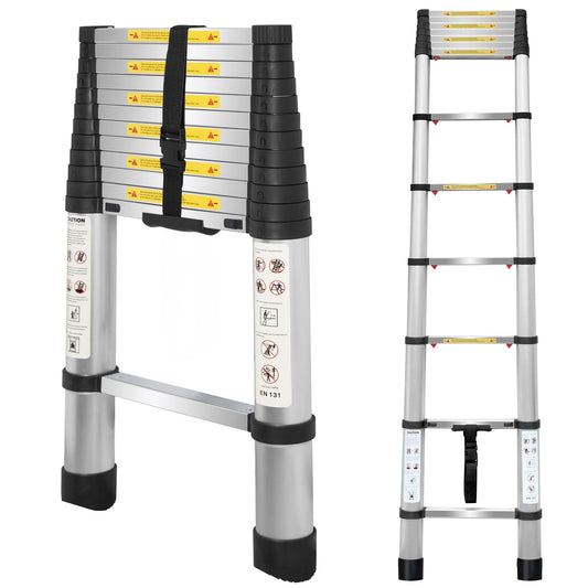 12.47FT Telescoping Ladder, Aluminum Lightweight Multi-Purpose Collapsible Extension, One-Touch Retraction Ladder,330lbs Load Capacity & Non-Slip Feet, for Home (Sliver, 12.47 FT (One-Button))