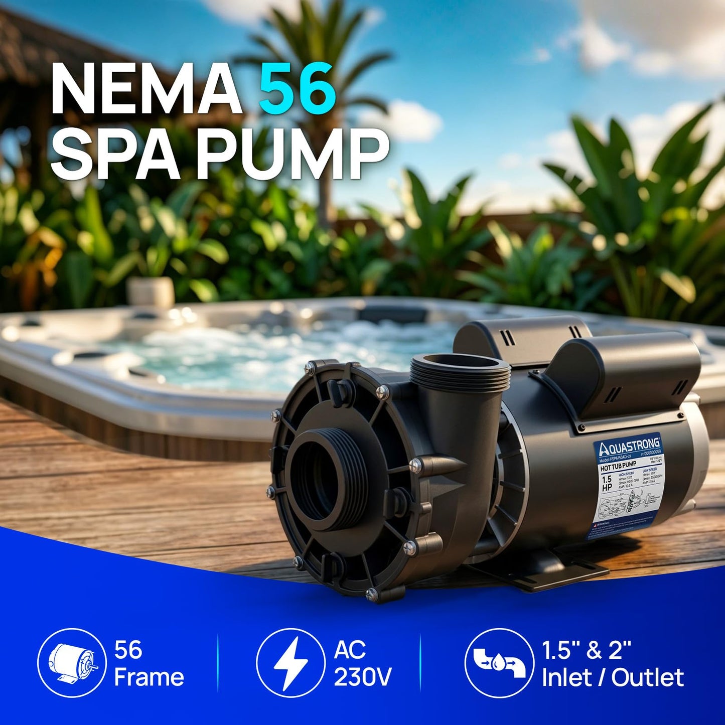 Aquastrong SPA Pump, Dual Speed Hot Tub Pump, Pure Copper Motor, Low Noise, Easy Installation with 1.5" & 2" Adapters, 90° Rotating Inlet & Outlet, Compatible with Hot Tubs & Spa Systems, Light Grey