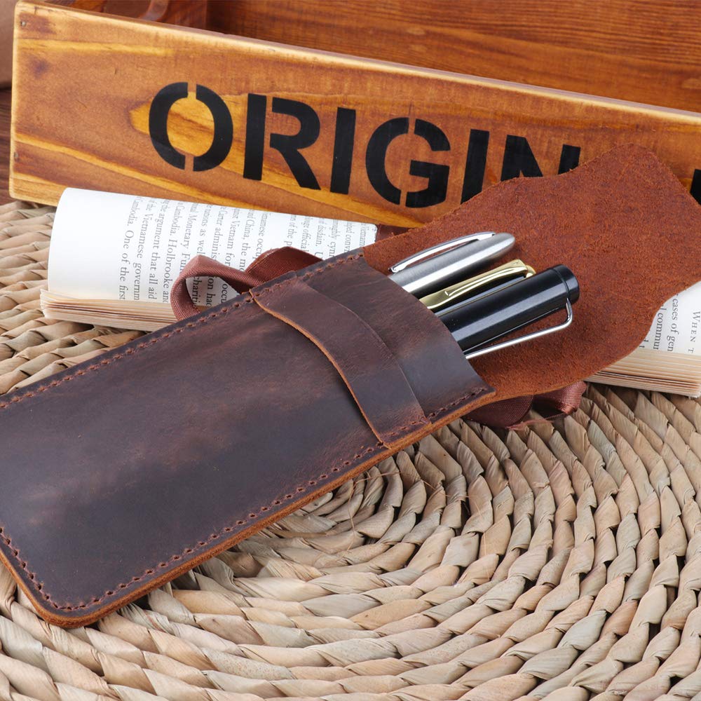 Daimay Leather Pen Case Holder Handmade Fountain Multi Pens Pouch Crazy Horse Leather Pen Protective Sleeve Cover Large – Brown