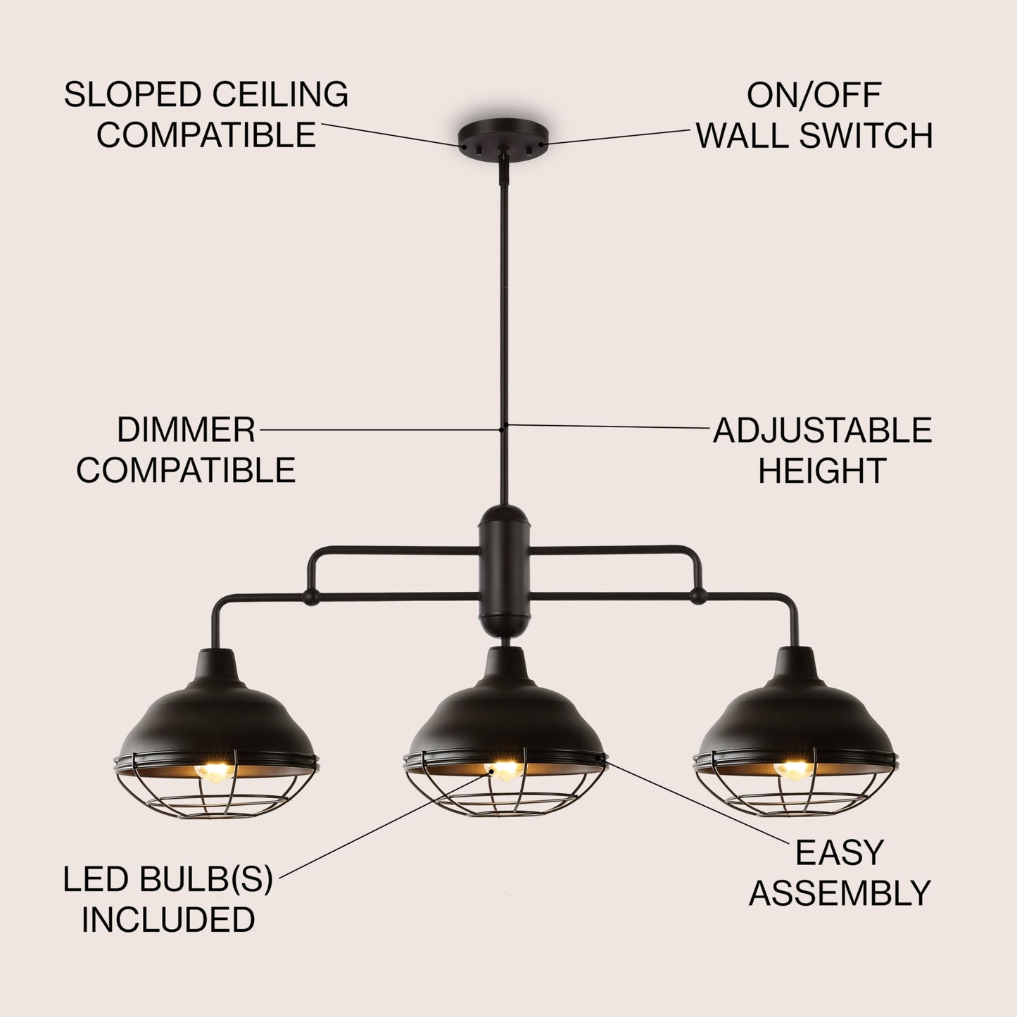 JONATHAN Y 40.5" Oil Rubbed Bronze 3-Light Industrial Farmhouse LED Pendant Light Fixture for Kitchen Island, Dining Room, Adjustable Hanging Ceiling Lamp, Iron Cage Metal Shade (JYL1119A)