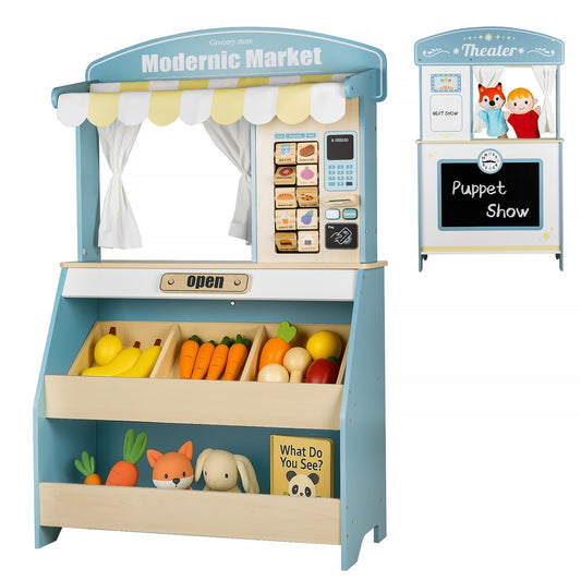 DREAM BUILDING Kids Grocery Store Pretend Play, Puppet Theater&Grocery Store Playset Toy Double-Sided, Toddler Supermarket Toy Cash Register w/Blackboard, Display Shelves, Gift for Boys Girls, Blue