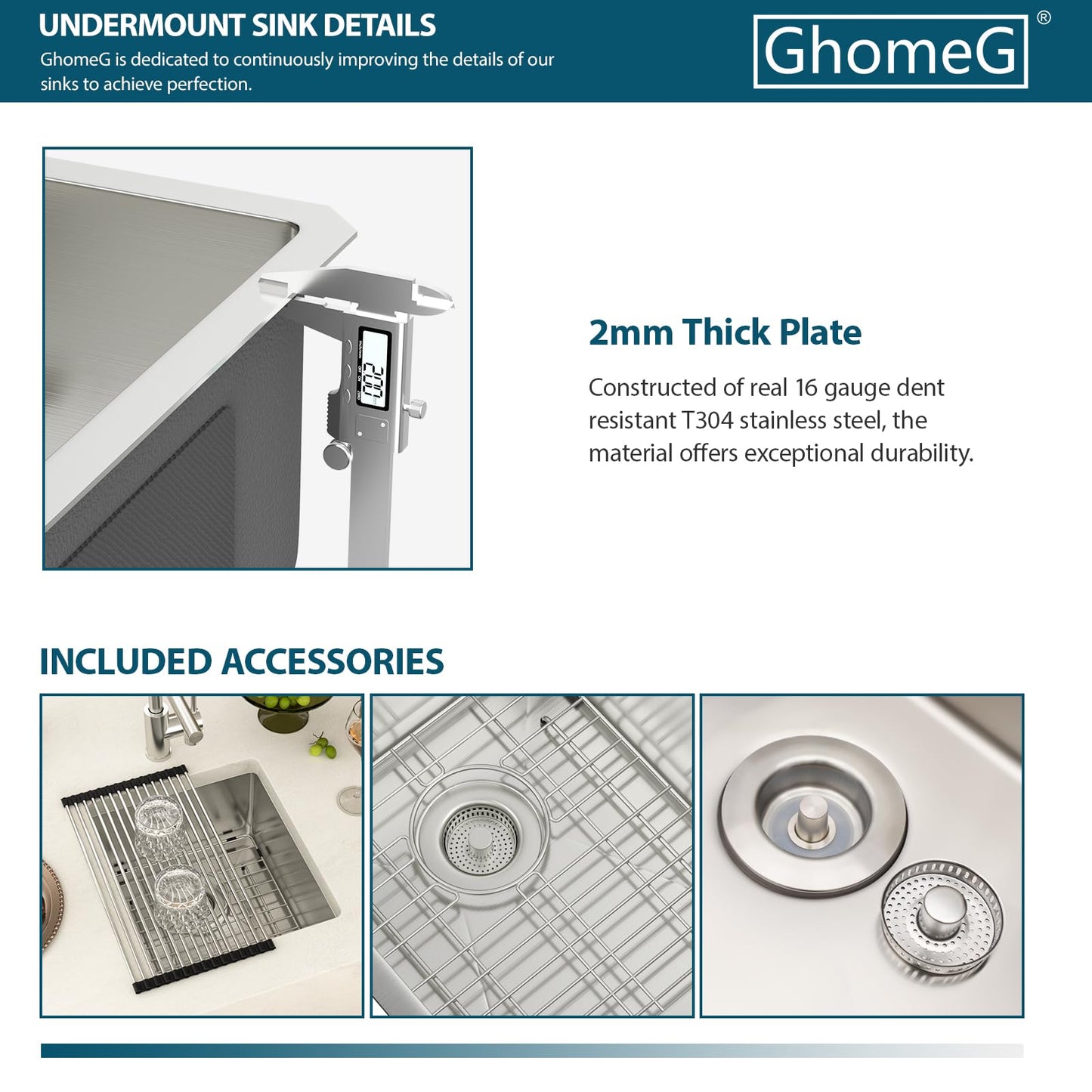 GHOMEG 15 Undermount Kitchen Sink 15"x17"x8" Single Bowl 16 Gauge Stainless Steel Under Counter Single Bowl Kitchen Sinks Basin with Drain Strainer