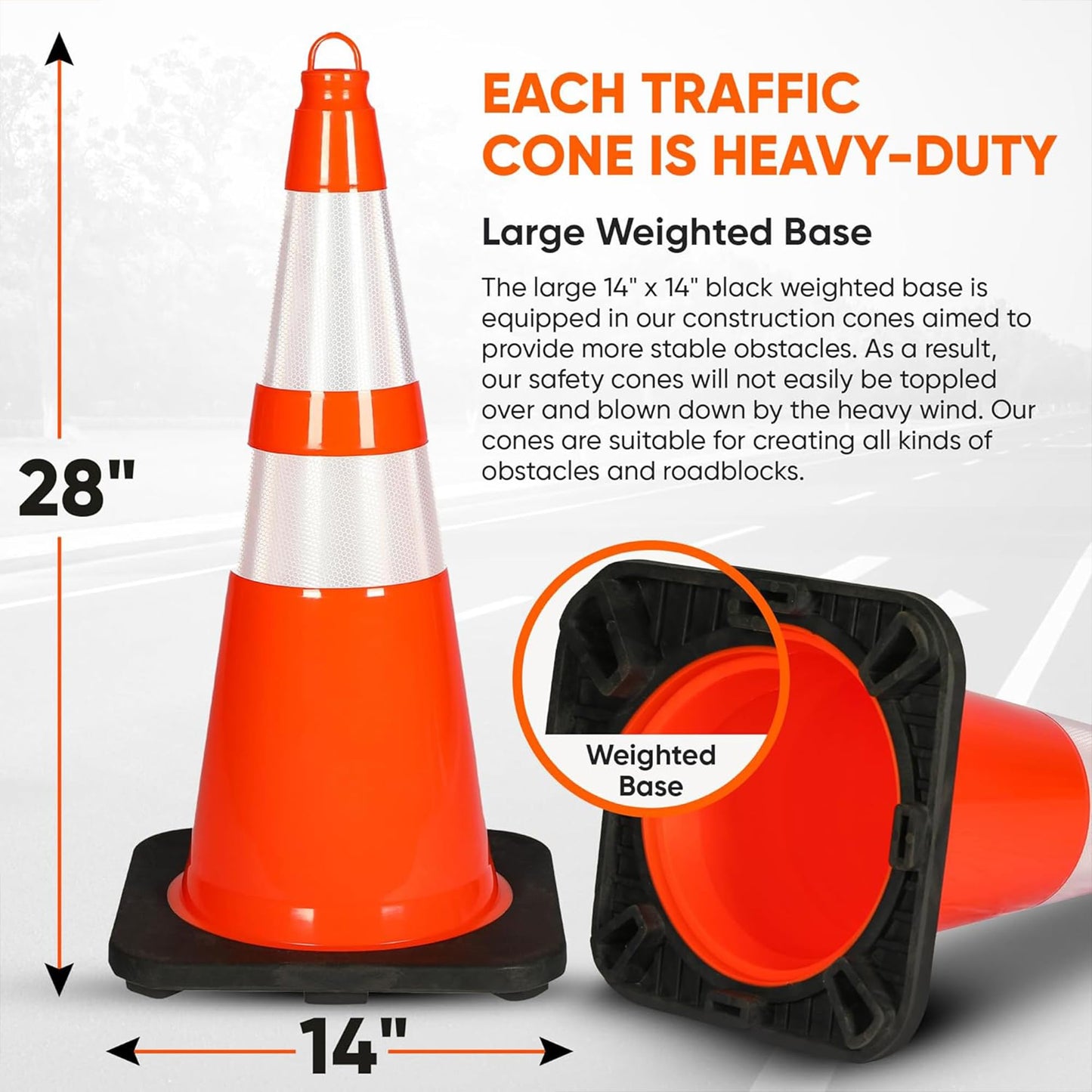 Pyle 28" Traffic Cones, 10-Pack High-Visibility Safety Markers for Roadwork, Parking Lots, Sports Training, and Construction Zones, Durable Orange PVC Cones with Stable Heavy-Duty Base