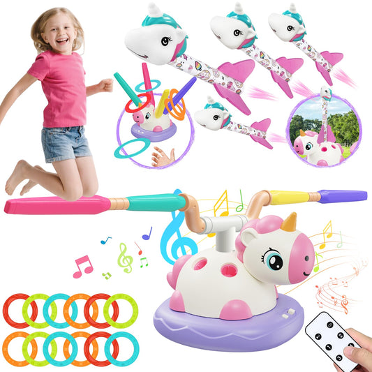 Unicorn Toys for Girls - 3 in 1 Outdoor Toys for Kids Ages 4-8: Stomp Rocket Launcher, Musical Jumping & Ring Toss Games with Remote Control - Outside Toys for 3 4 5 6 7 8 Year Old Girls Birthday Gift