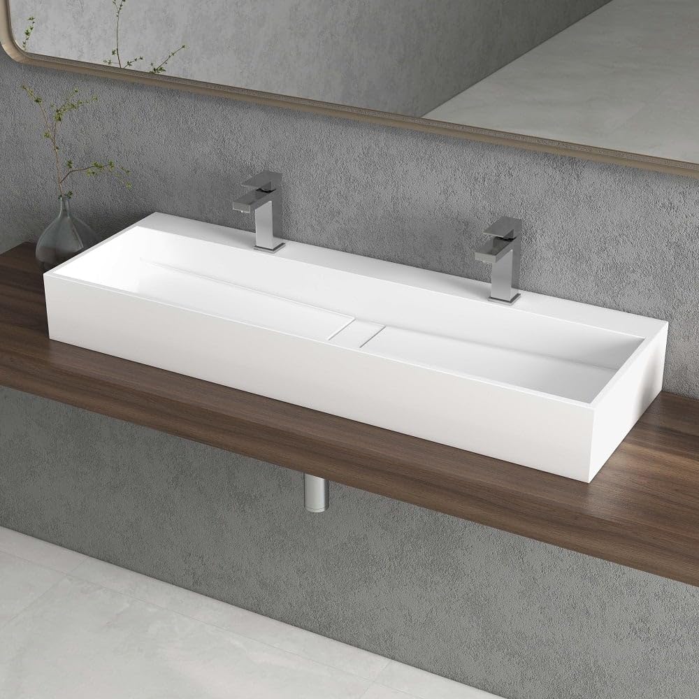 Weibath 47 Inch Wall-Mount Double Sink Stone Resin Trough Bathroom Sink with 2 Faucet Holes (Glossy White)