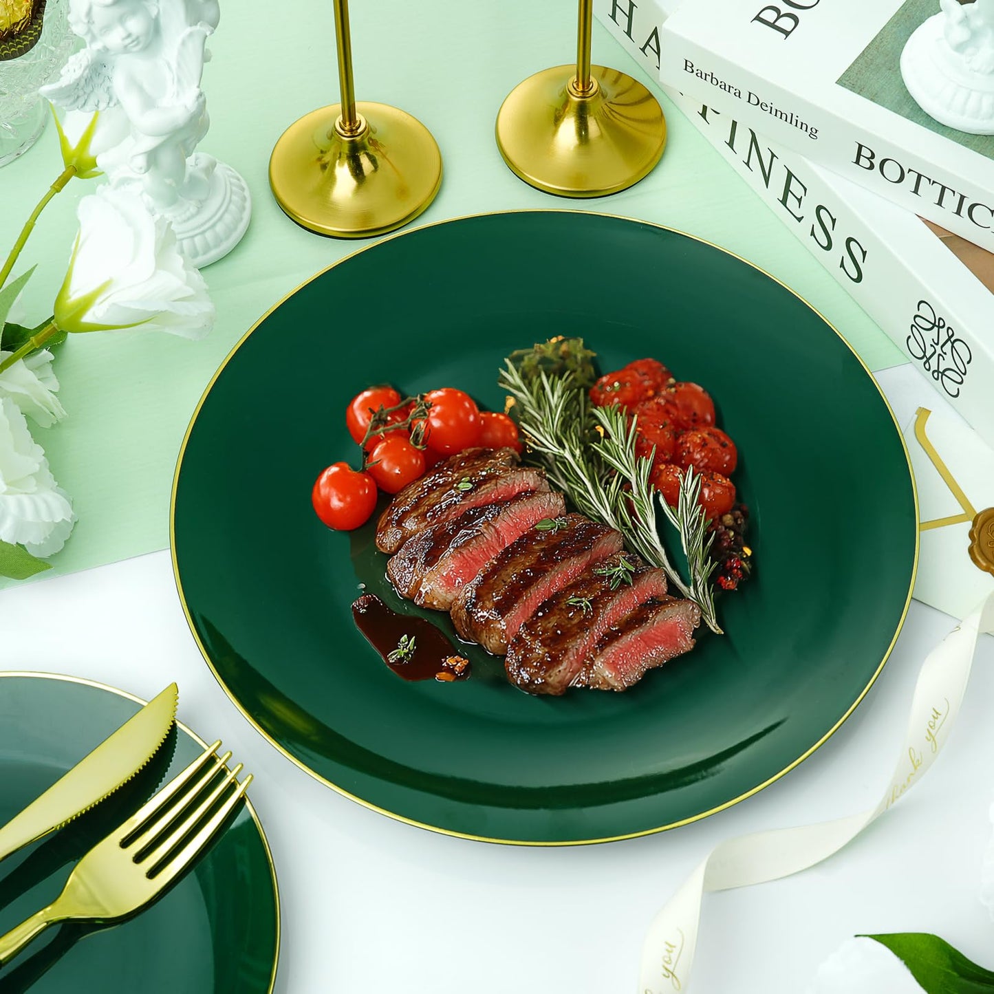 350 Pieces Green Gold Plastic Dinnerware Set, Gold Disposable Plates for Party, Include 100 Green Plates with 150 Plastic Cutlery, 50 Napkins and 50 Cups