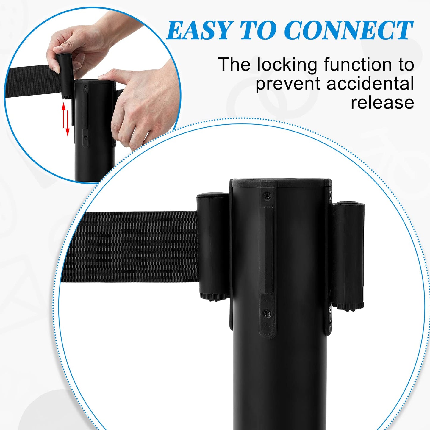 Geelin 6 Pack Heavy Duty Crowd Control Stanchions Stanchion Set with Safety Barrier Post with Retractable Belt and Sign Holder Crowd Control Barrier (9.8ft,Black)