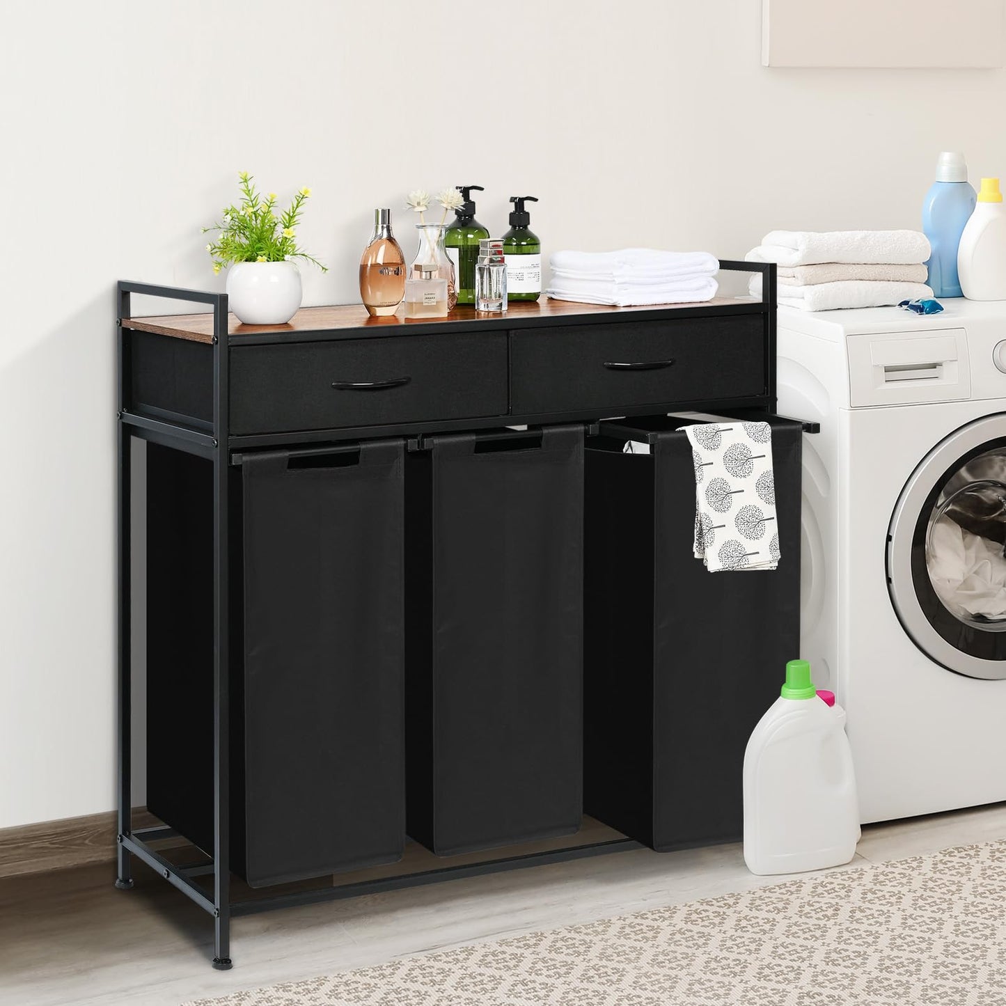 Laundry Sorter 3 Section, 180L Laundry Hamper Basket with Shelf and 2 Drawers, 3 Compartment Clothes Storage Organizer Cart, Pull-Out Removable Oxford Fabric Bags, Black