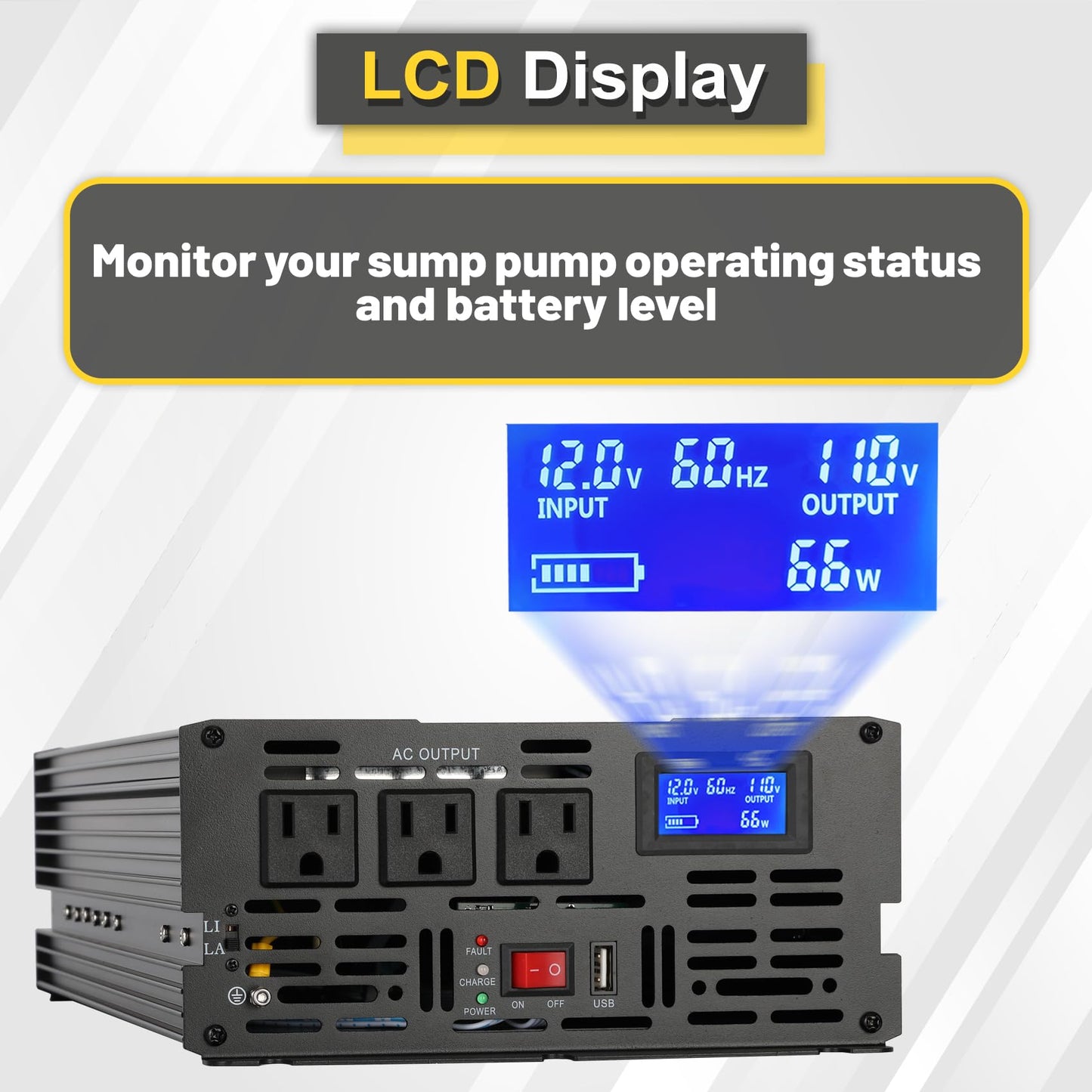 Miumoon 2000W Primary Sump Pump Backup System, Basment Protection Backup Inverter, Black, LCD Display, Auto Switches for Continuous Sump Pump Operation, Basement Emergency and Power Outage Backup